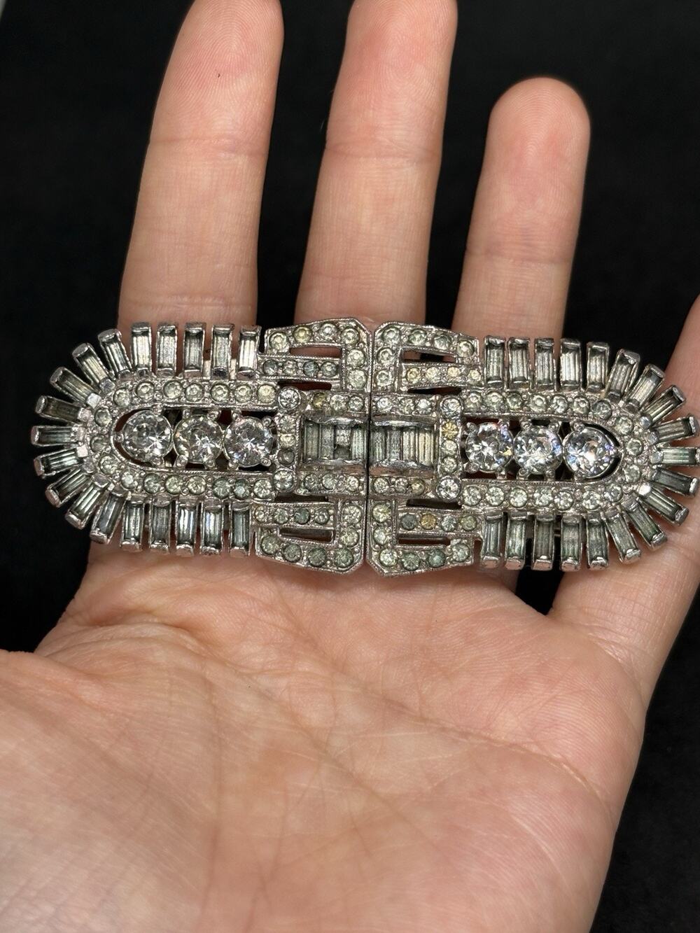 RALPH POLCINI ANTIQUE ART DECO RHINESTONES DUETTE BROOCH PATENT Clip 2044225 3”